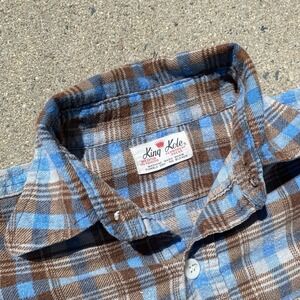 Vintage 50s 60s King Kole Flannel ShirtBlue Brown S/M Printed Cotton  Rockabilly